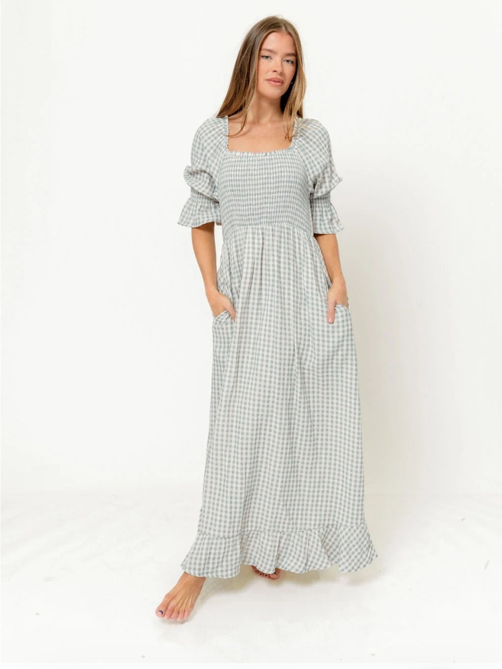 Worth Collective Sienna Gingham Maxi Dress in Forest Green